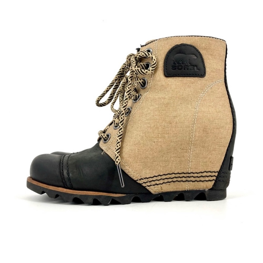 Sorel: Joan of Arctic tan canvas and black leather wedge ankle boots (7)
